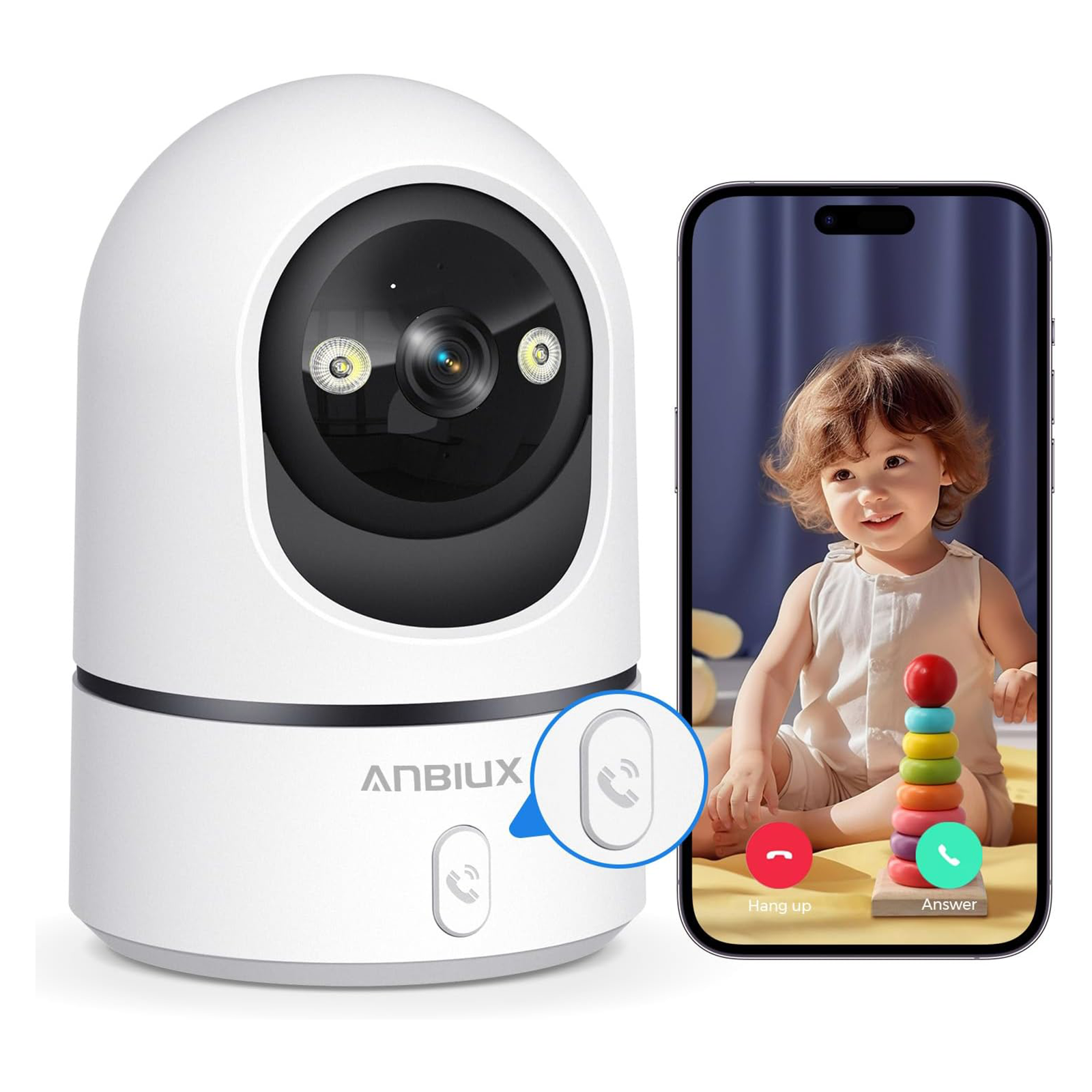 ANBIUX 2K Überwachungskamera Innen,Kamera überwachung innen mit Farbige Nachtsicht,2.4Ghz WiFi,Bewegungserkennung,Alarm,Kabelgebunden,2-Wege Audio,Indoor,USB,IP66